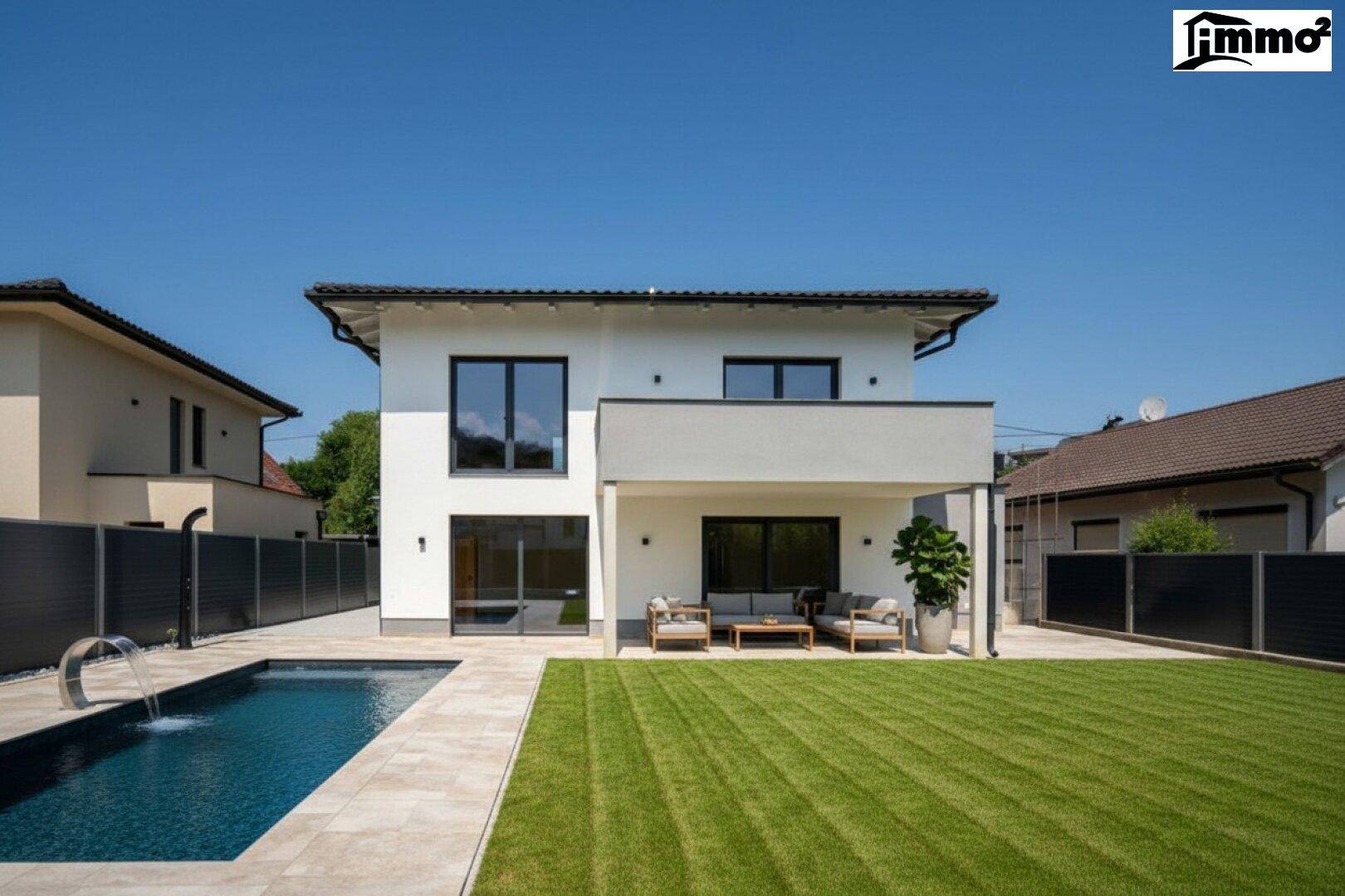 Moderne Hausfassade mit Garten, Pool und überdachter Terrasse, ideal für Entspannung im Freien.
