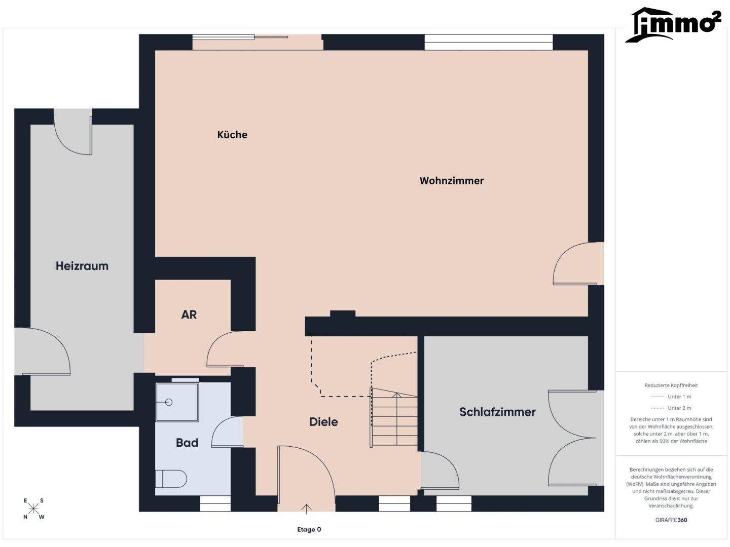 Grundriss des Erdgeschosses mit Küche, Wohnzimmer, Schlafzimmer und Bad.