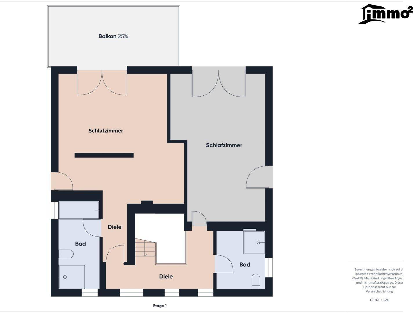 Grundriss des Obergeschosses mit zwei Schlafzimmern, zwei Bädern und Balkonzugang.