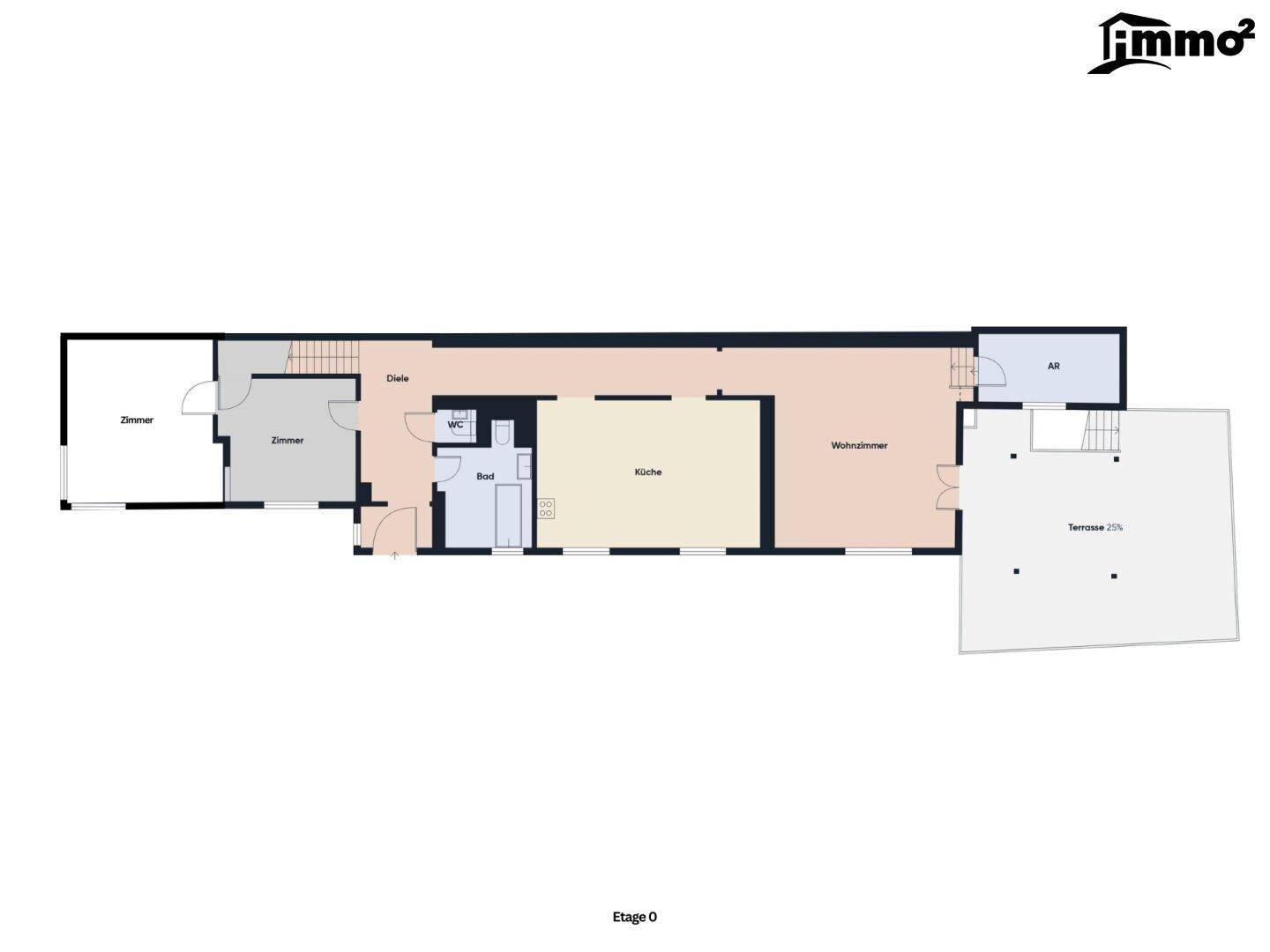 Grundriss des Erdgeschosses mit Küche, Wohnzimmer und Terrasse.