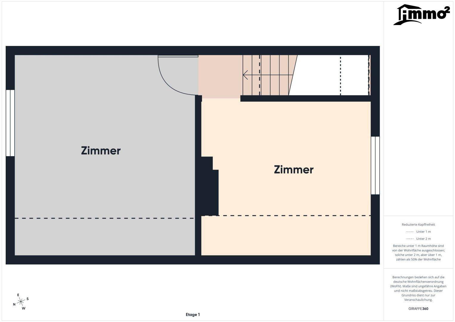 Grundriss des Obergeschosses mit zwei Zimmern und Dachschrägen.