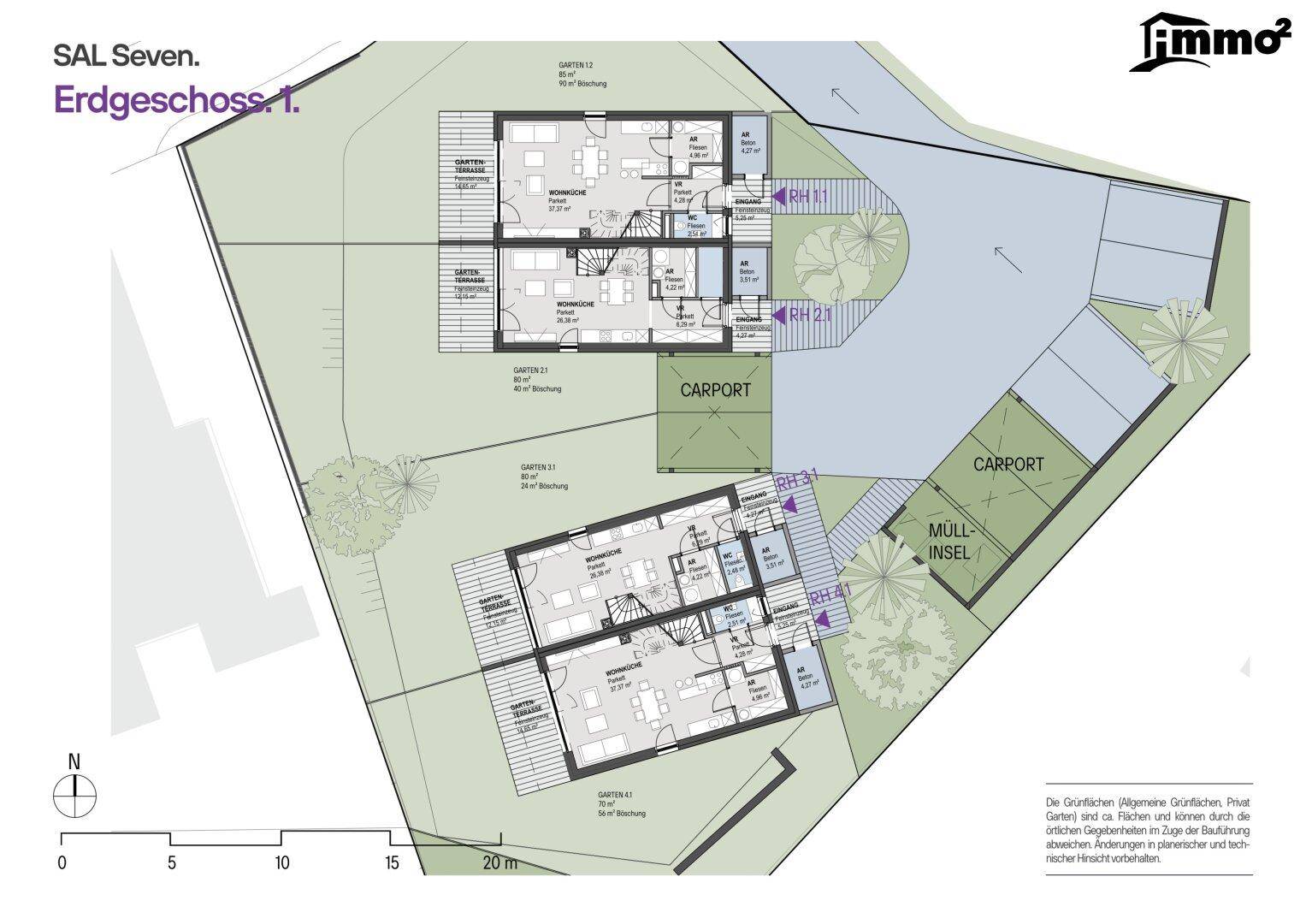 Übersichtsplan des Erdgeschosses der Reihenhäuser mit Carports und großzügigen Gartenbereichen.