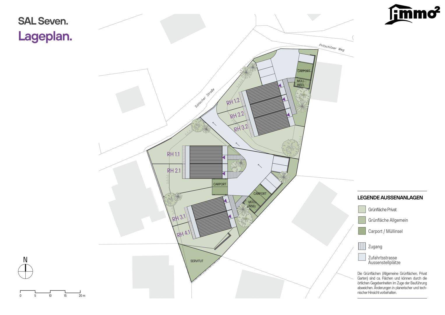 Lageplan des Projekts SAL Seven mit mehreren Reihenhäusern, Carports und privaten sowie allgemeinen Grünflächen.