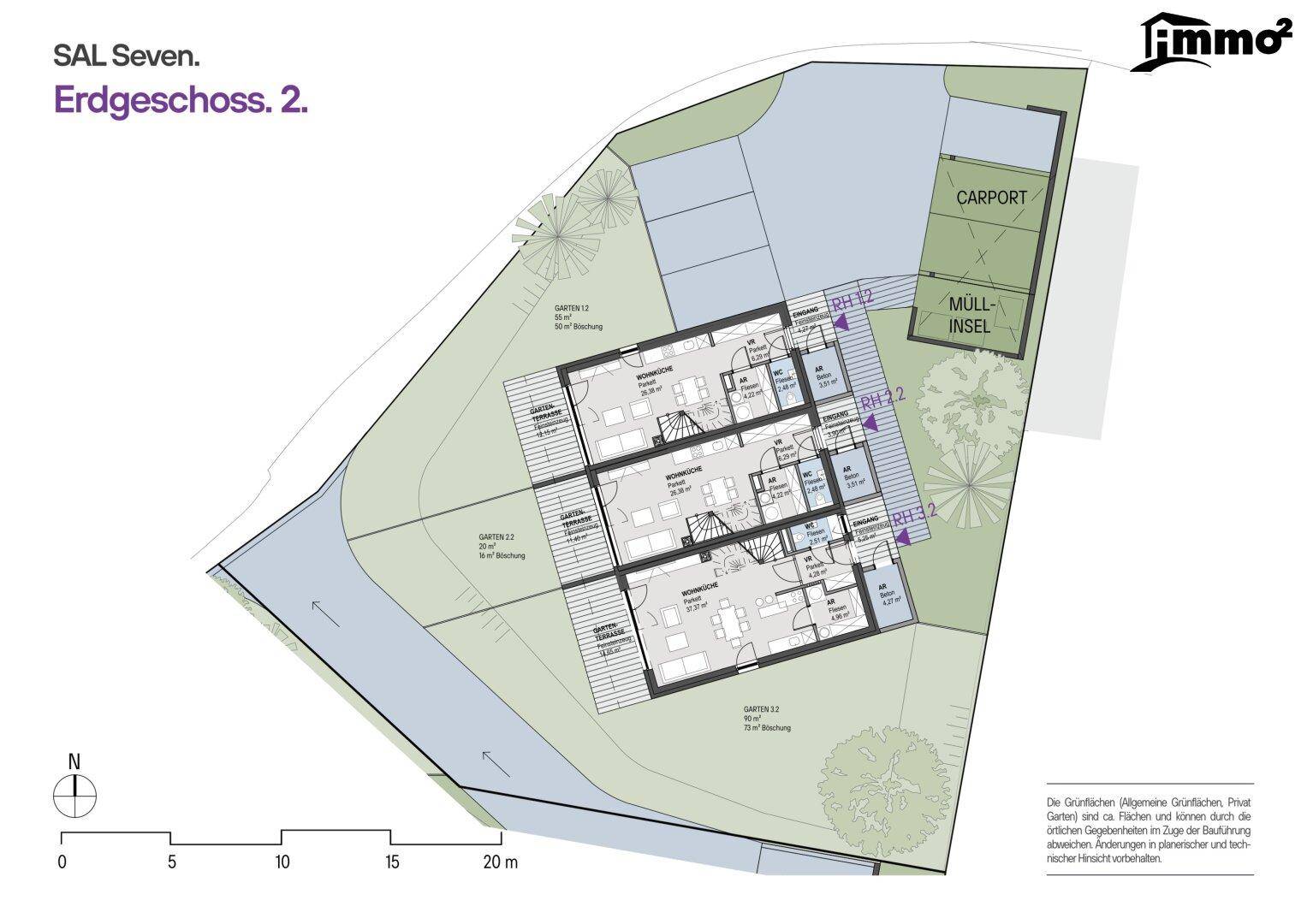 Grundriss des Erdgeschosses der Reihenhäuser mit Gärten und Carports.