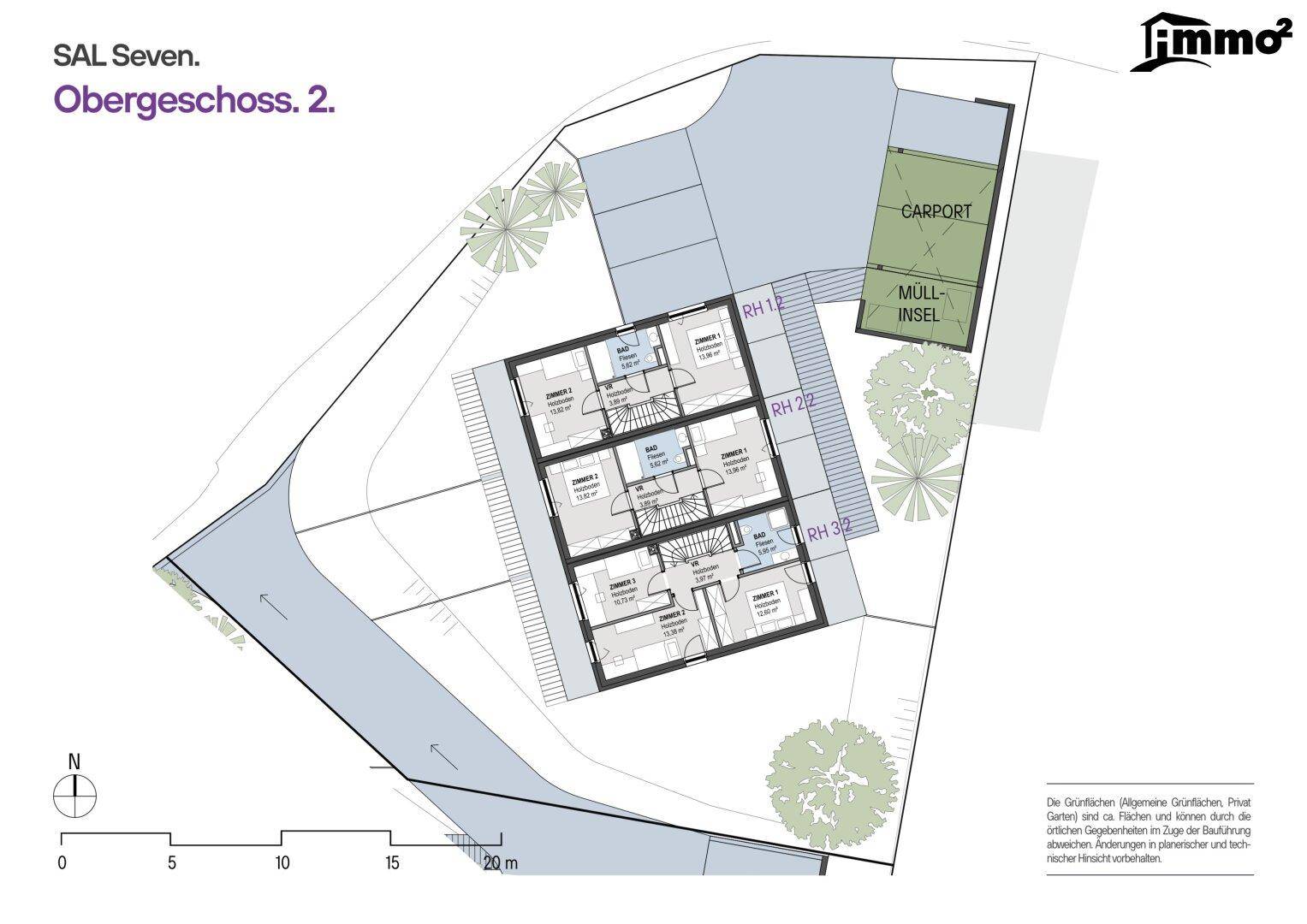Grundriss des Obergeschosses der Reihenhäuser mit Schlafzimmern und Bädern.