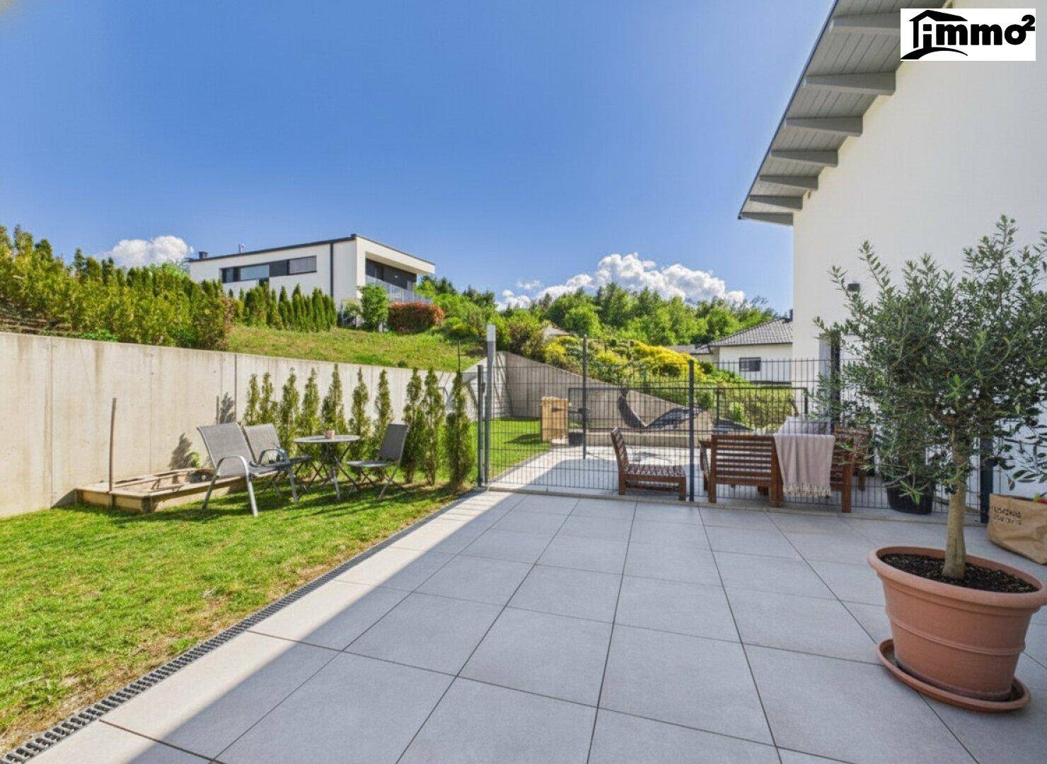 Sonniger Terrassenbereich mit Fliesenboden, Rasen und einem Olivenbaum im Topf.