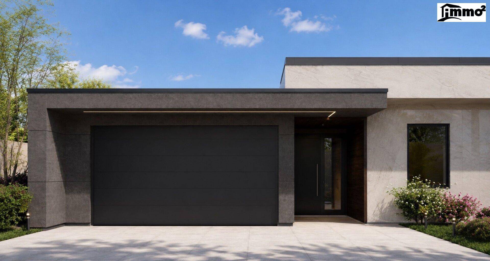 Eingangsbereich und Garage eines modernen Hauses mit klaren Linien.
