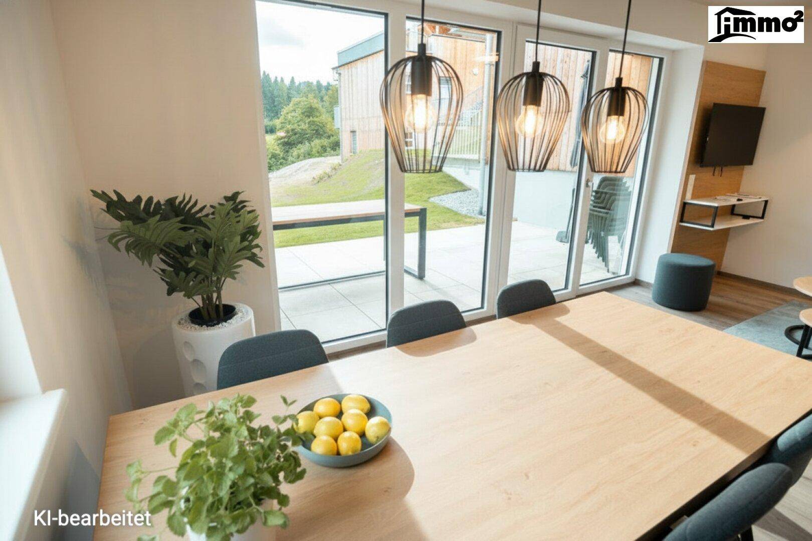 Heller Essbereich mit Holztisch und modernen Pendelleuchten, mit Blick ins Grüne.