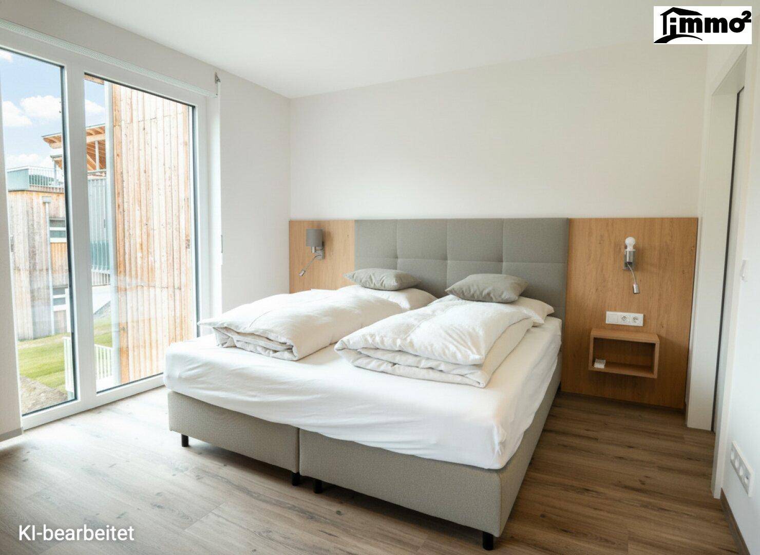 Modernes Schlafzimmer mit großem Doppelbett, Holzboden und Zugang zu einem Außenbereich.