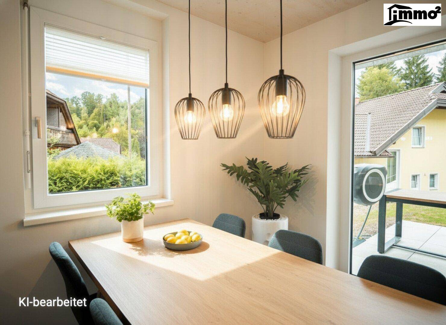 Heller Essbereich mit Holztisch und modernen Pendelleuchten, mit Blick ins Grüne.