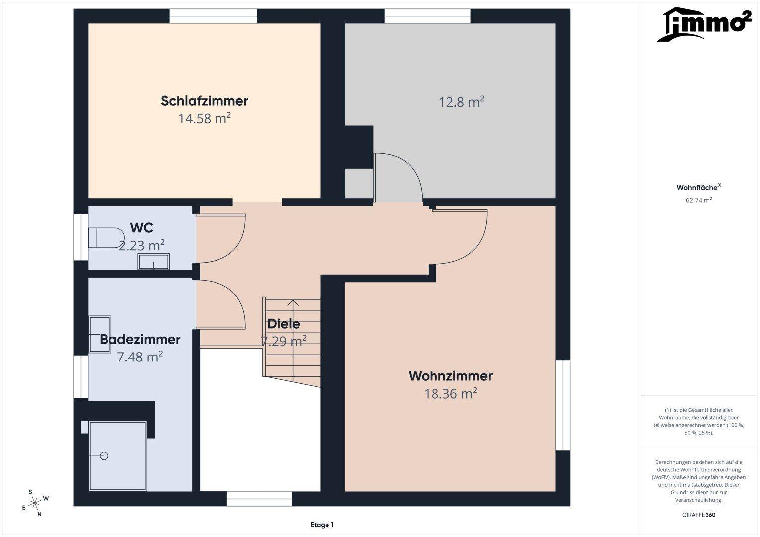 Grundriss des Obergeschosses mit Schlafzimmer, Badezimmer und Wohnzimmer.
