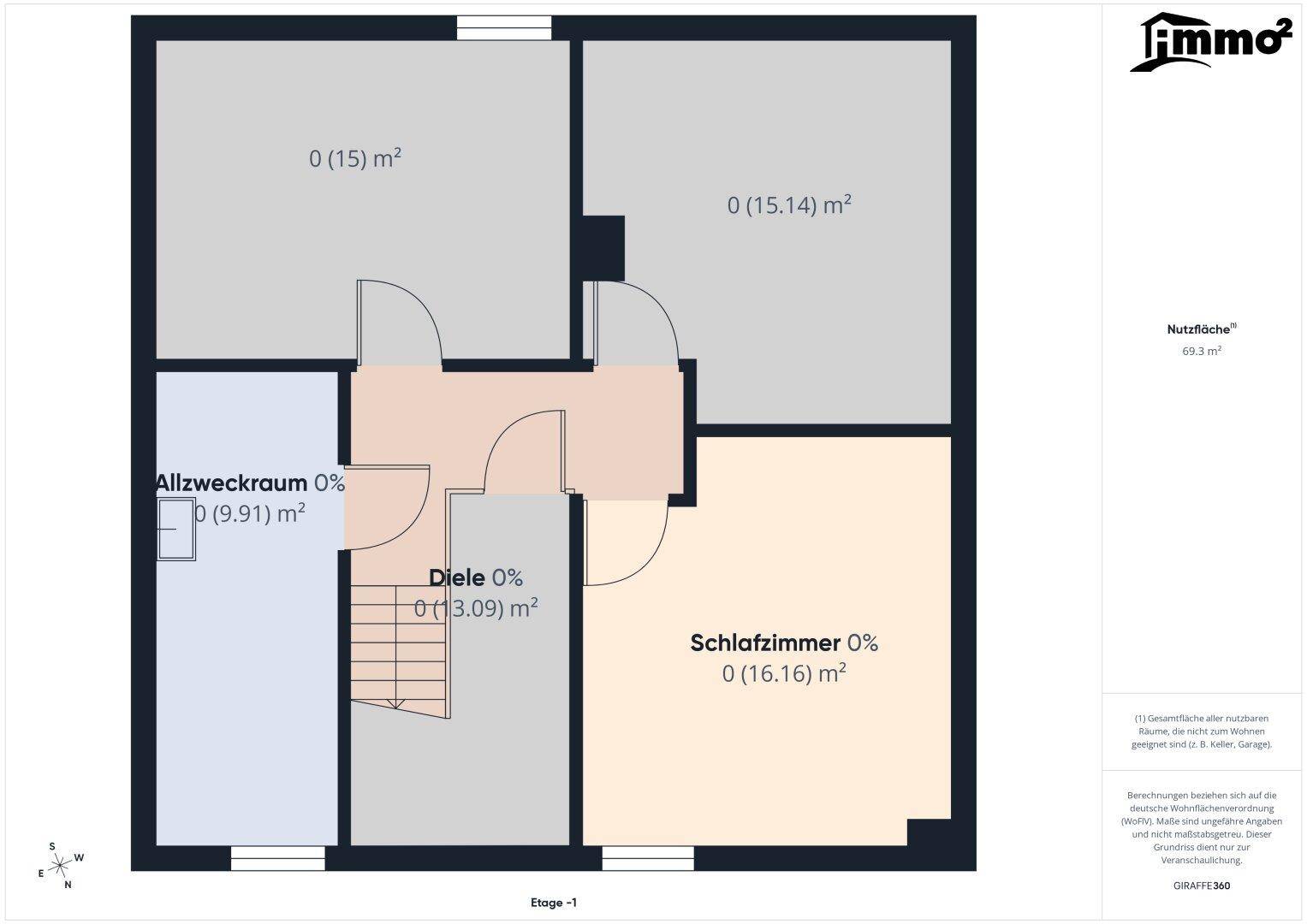 Grundriss des Untergeschosses mit Allzweckraum und Schlafzimmer.