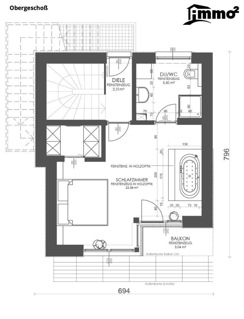 Grundriss des Obergeschosses mit Schlafzimmer, Bad und Balkon.