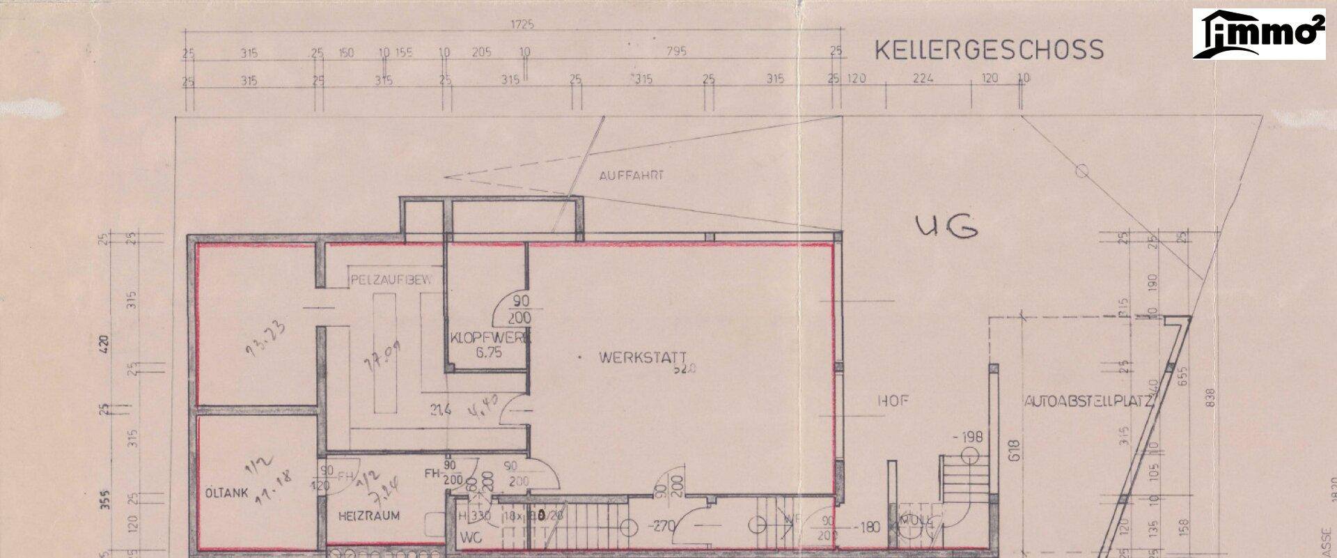 Grundriss des Kellergeschosses mit Heizraum, Öltank und Werkstattbereich.