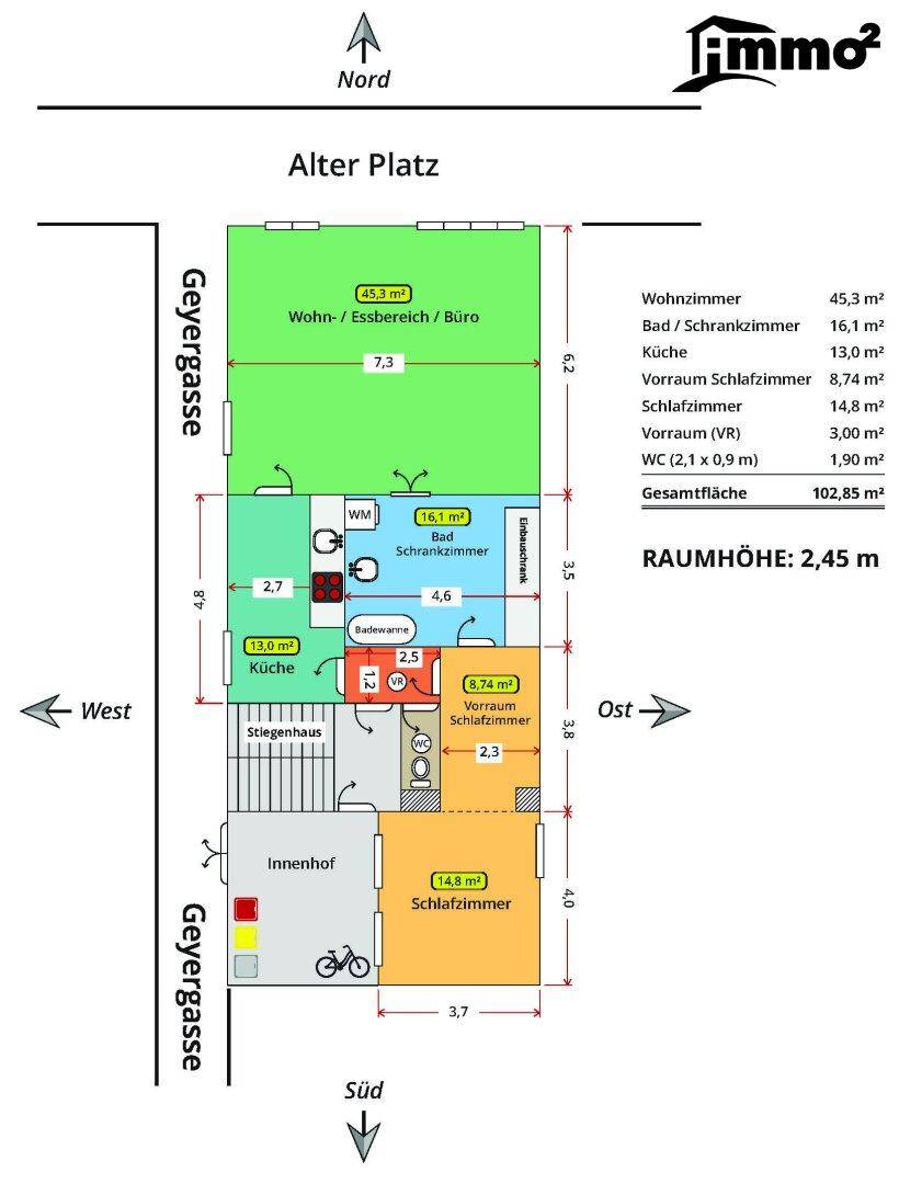 Detaillierter Grundriss der Wohnung mit Raumaufteilung, Flächenangaben und Nordausrichtung.