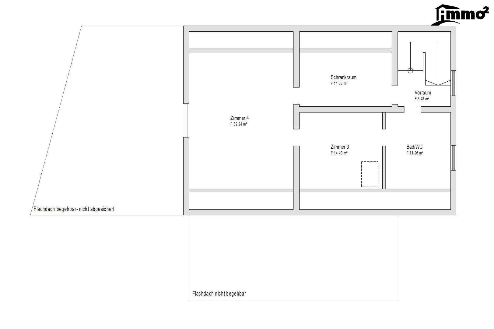 Grundriss des Obergeschosses mit zwei Schlafzimmern, Schrankraum und Bad.