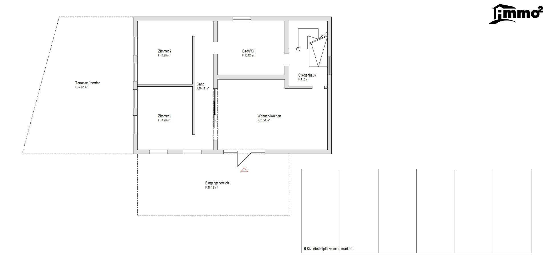 Grundriss des Erdgeschosses mit Wohnküche, zwei Zimmern, Bad und Terrasse.