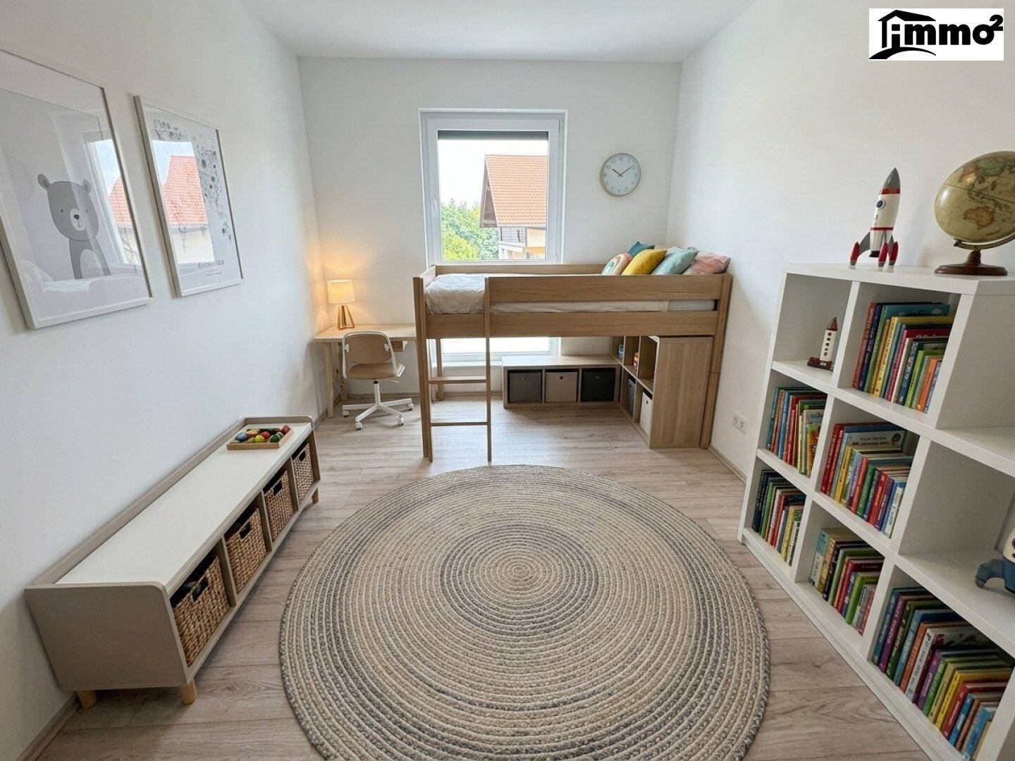 Kinderzimmer mit Hochbett, Schreibtisch und Bücherregal, hell und freundlich gestaltet.