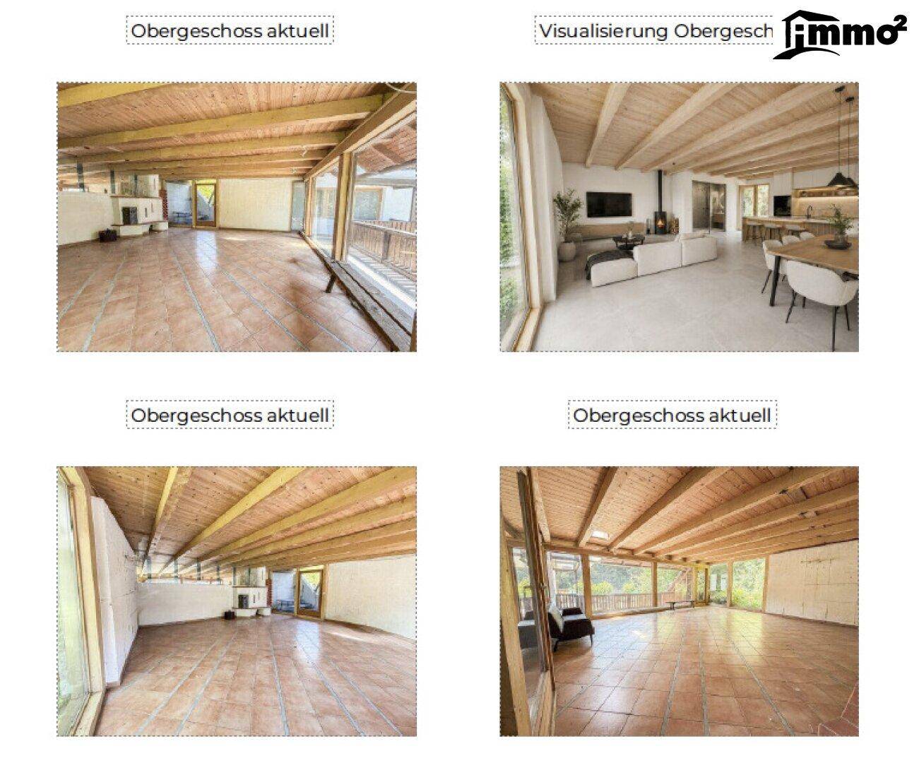 Verschiedene Ansichten eines leeren Obergeschossraums mit Fliesenboden, Holzdecke und einer Visualisierung.