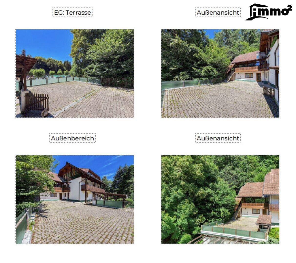 Verschiedene Außenansichten des Gebäudes mit gepflasterter Terrasse und umgebender grüner Natur.
