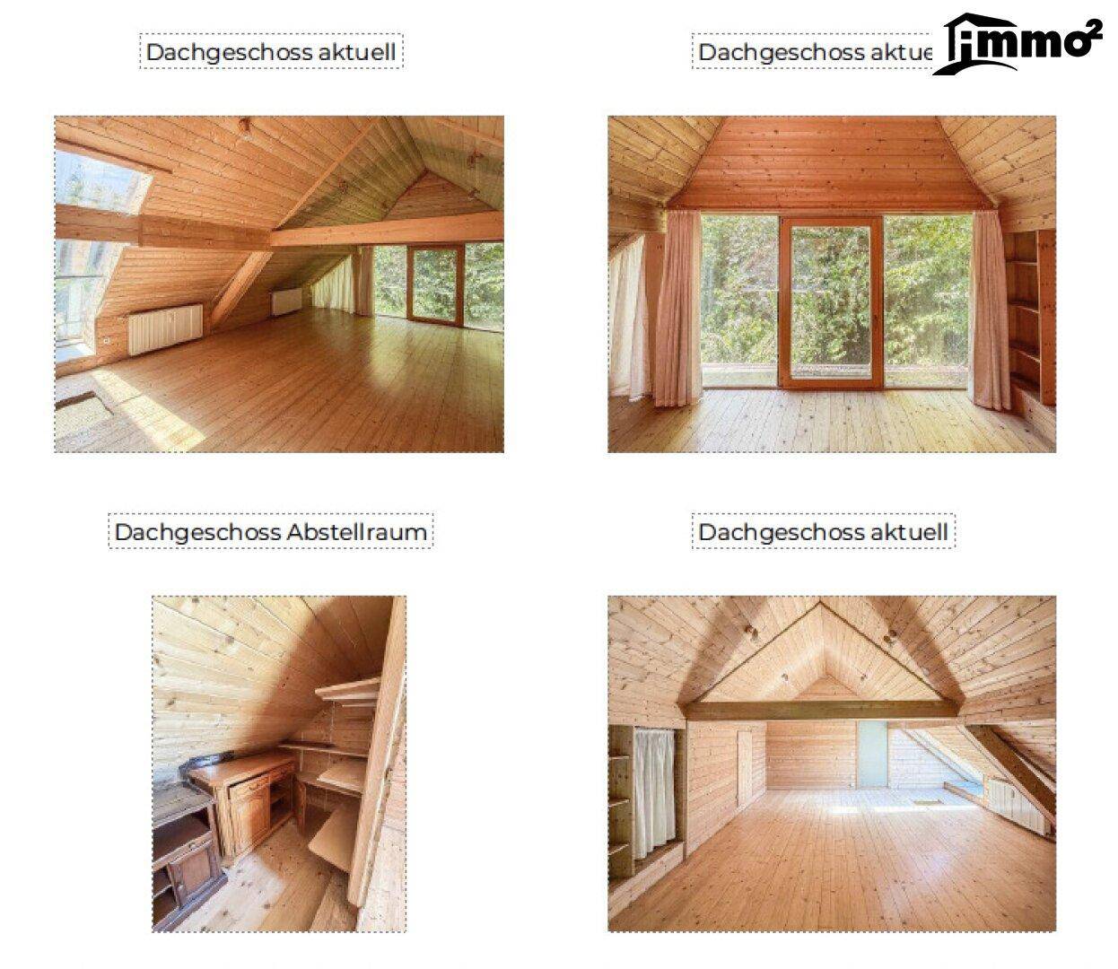 Mehrere Fotos des Dachgeschosses mit Holzböden, Holzverkleidung und einem separaten Abstellraum.