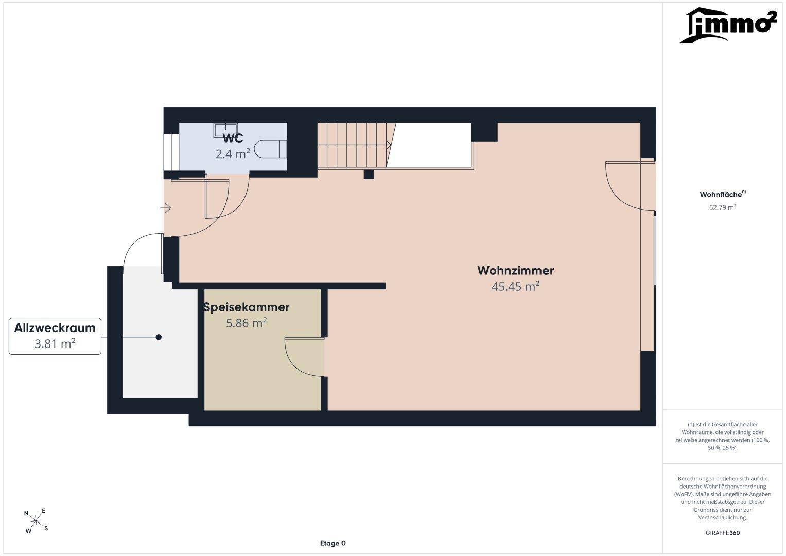 Grundriss der Etage 0 mit Wohnzimmer, Speisekammer, WC und Allzweckraum.