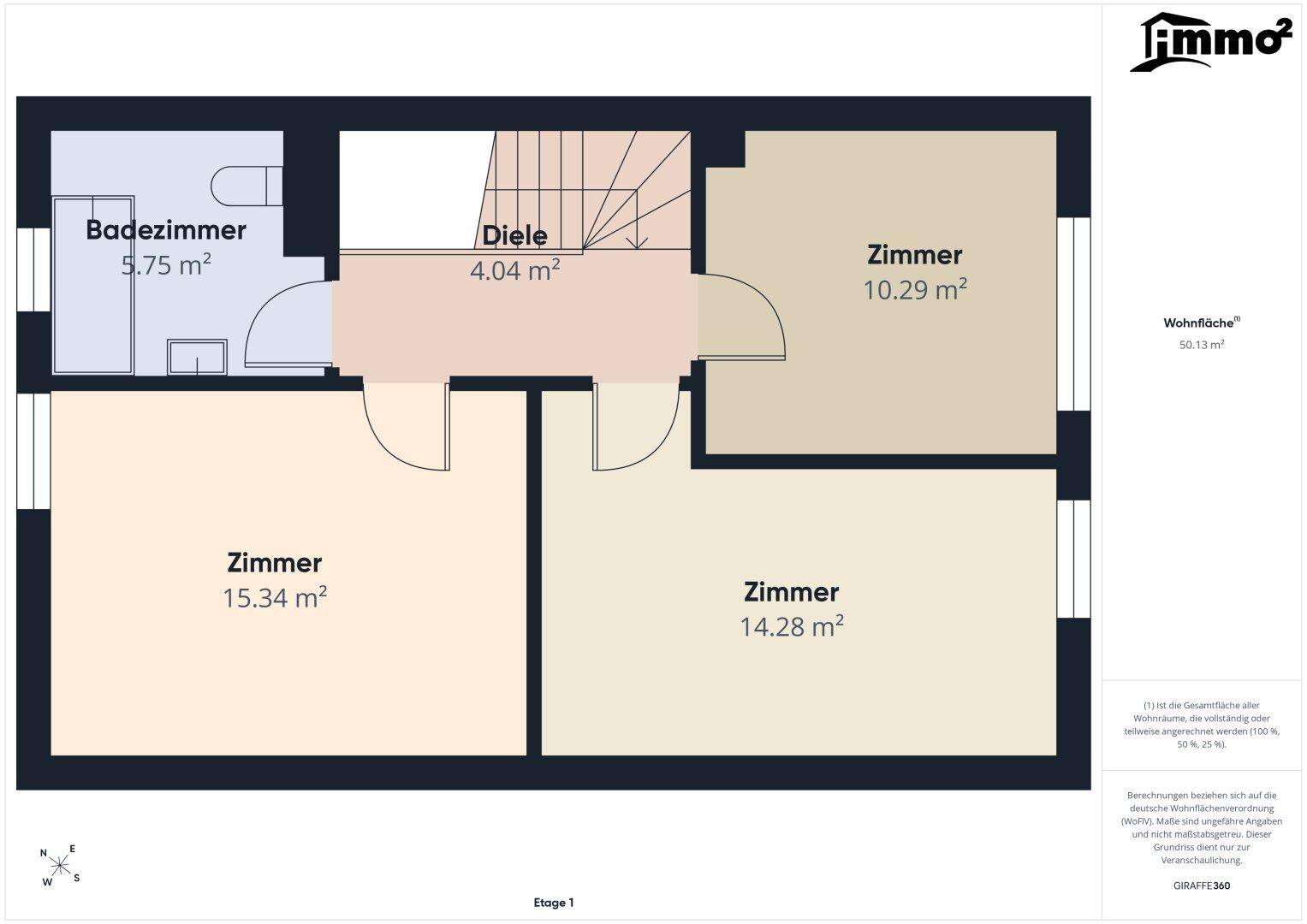 Grundriss der Etage 1 mit Badezimmer, Diele und drei weiteren Zimmern.