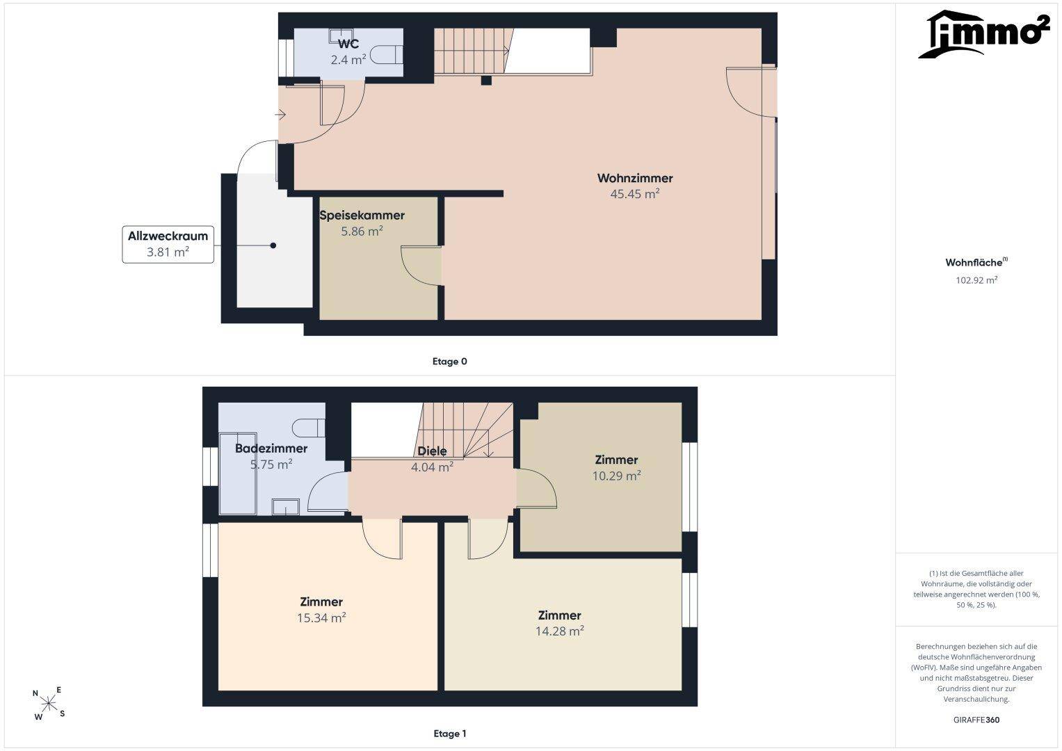 Gesamtgrundriss beider Etagen mit Wohnzimmer, Badezimmer und mehreren Zimmern.