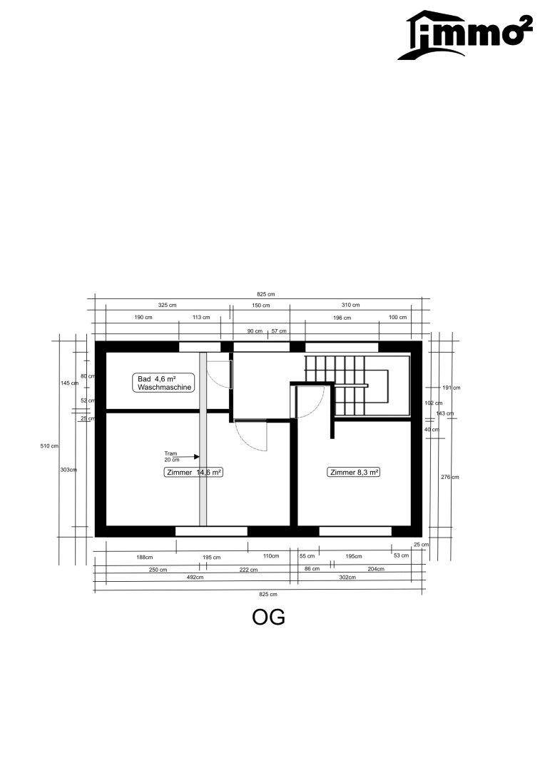 Grundriss des Obergeschosses mit Badezimmer und zwei weiteren Zimmern, inklusive Treppenaufgang.