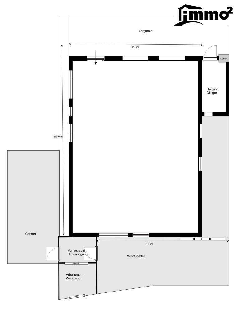 Grundriss des Außenbereichs mit Vorgarten, Wintergarten, Carport und zusätzlichen Räumen.