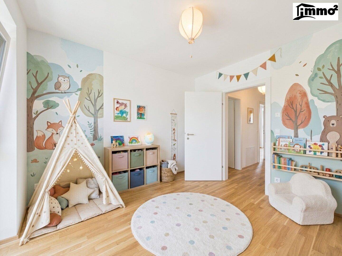 Liebevoll eingerichtetes Kinderzimmer mit farbenfroher Wandgestaltung, Holzboden und viel Tageslicht.