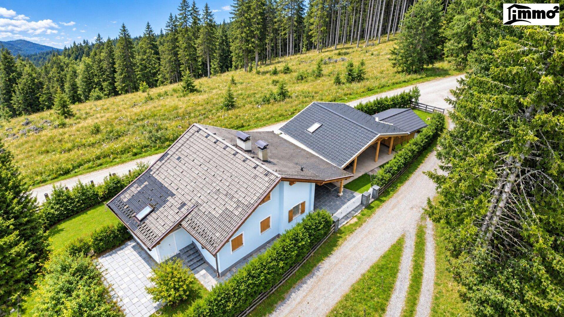 Luftaufnahme eines Hauses mit Satteldach, Carport und umgebender grüner Landschaft.