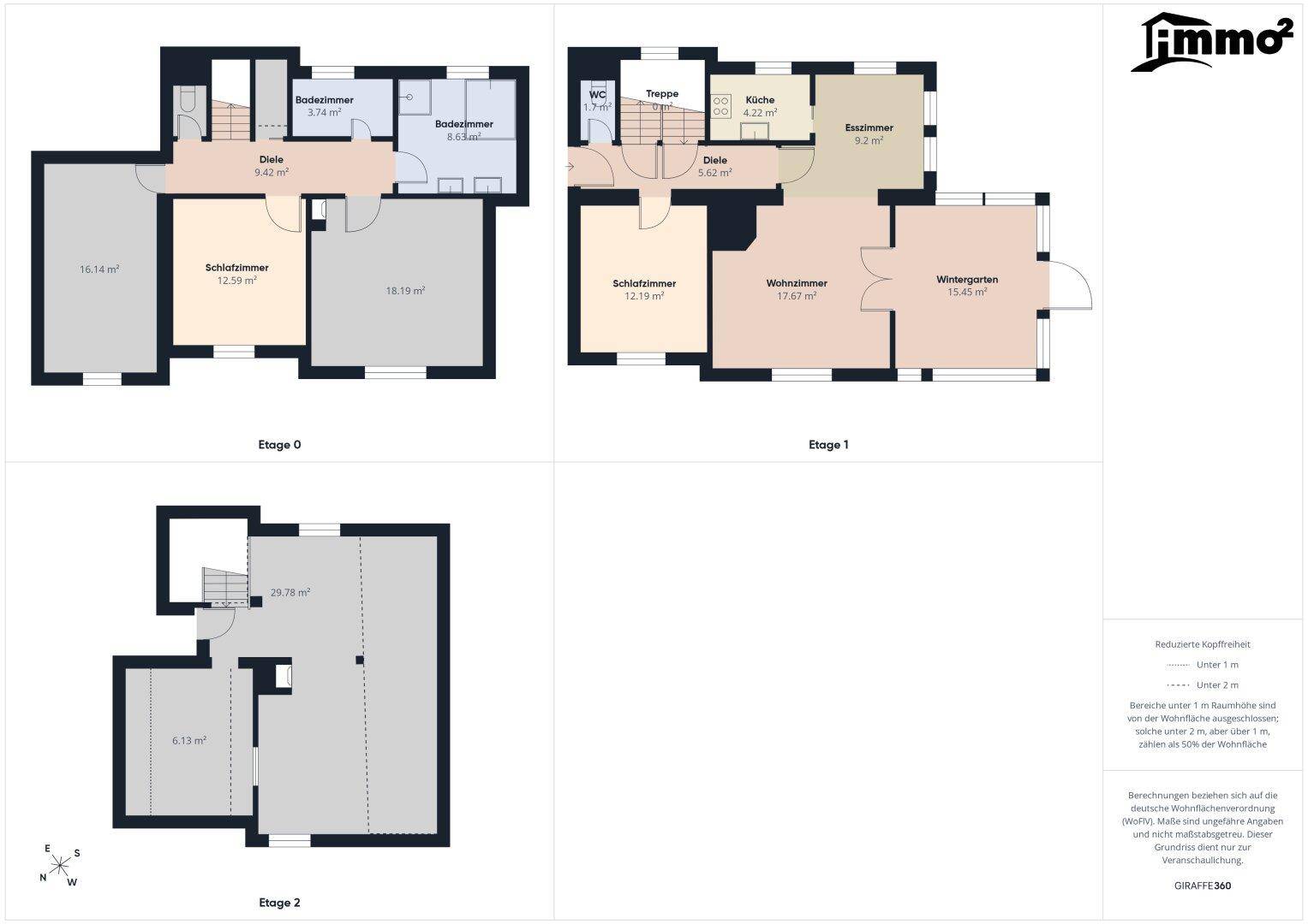 Grundrisspläne für drei Etagen mit Schlafzimmern, Bädern, Küche, Wohnzimmer und Wintergarten.