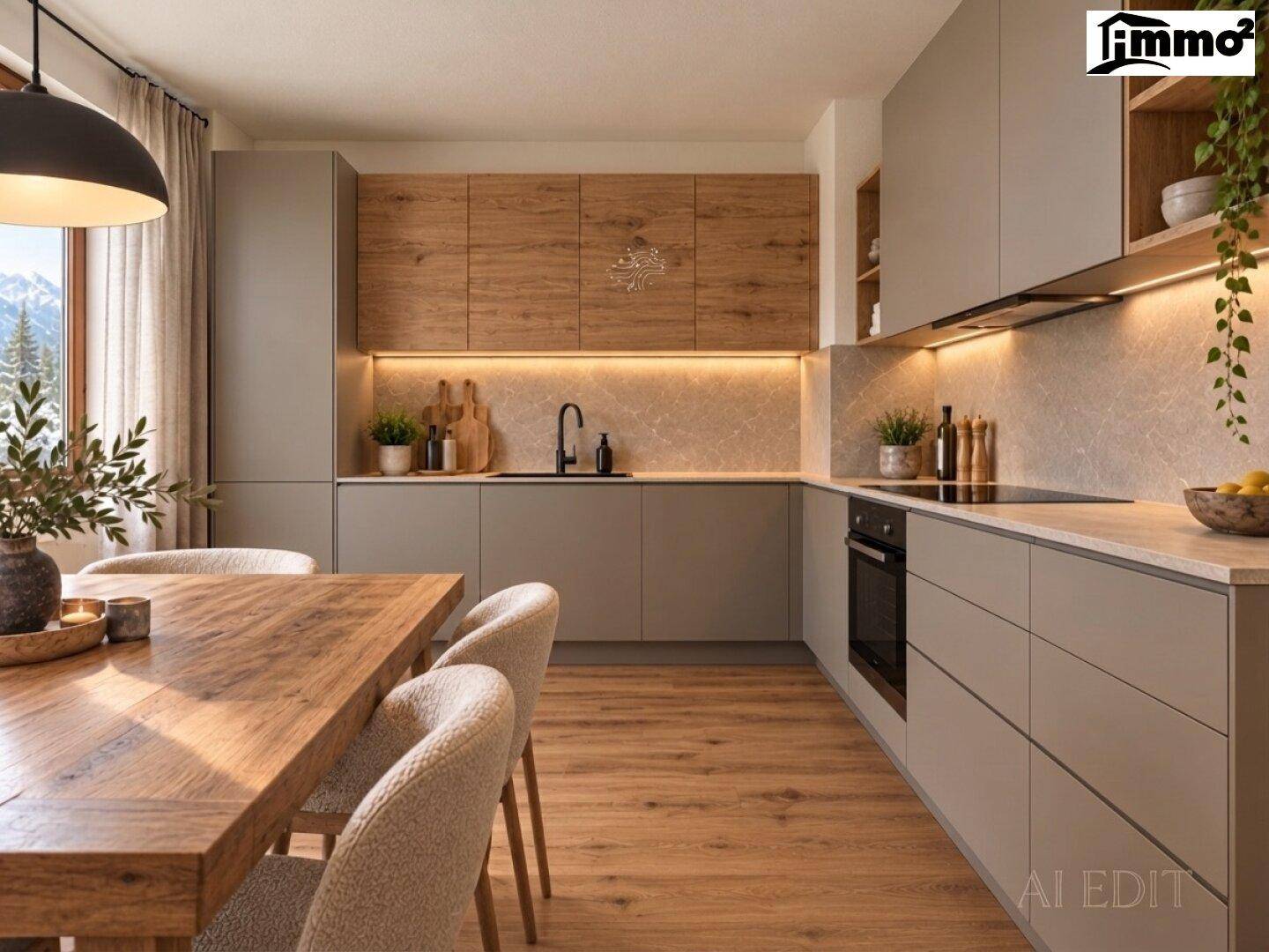 Modernisierte Küche mit grauen und holzfarbenen Schränken, Holzarbeitsplatte und Essbereich.
