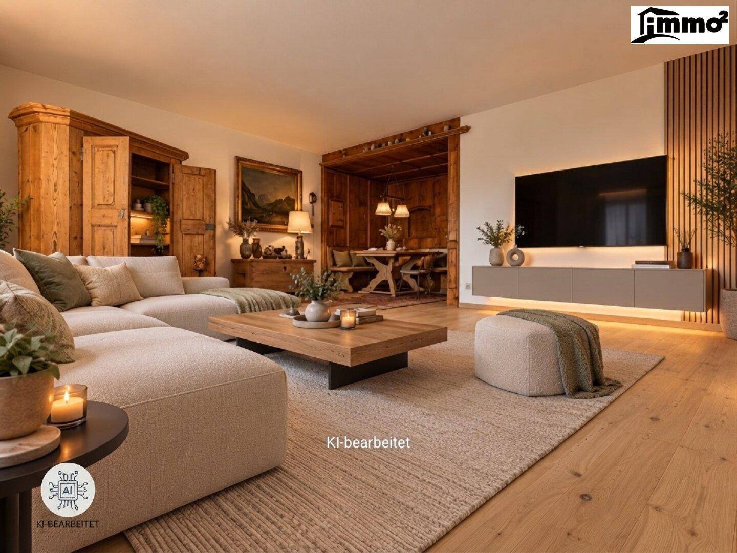 Modernisierter Wohnbereich mit beigem Sofa, Holzboden und einem Essbereich im alpinen Stil.