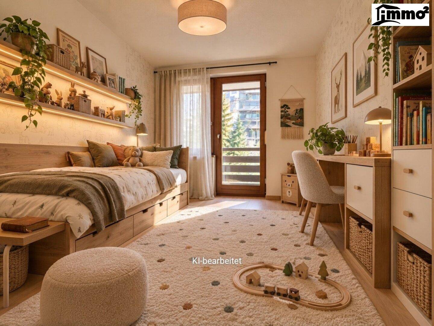 Gemütliches Schlafzimmer mit Holzbett, Teppichboden und Schreibtisch, hell durch Tageslicht.