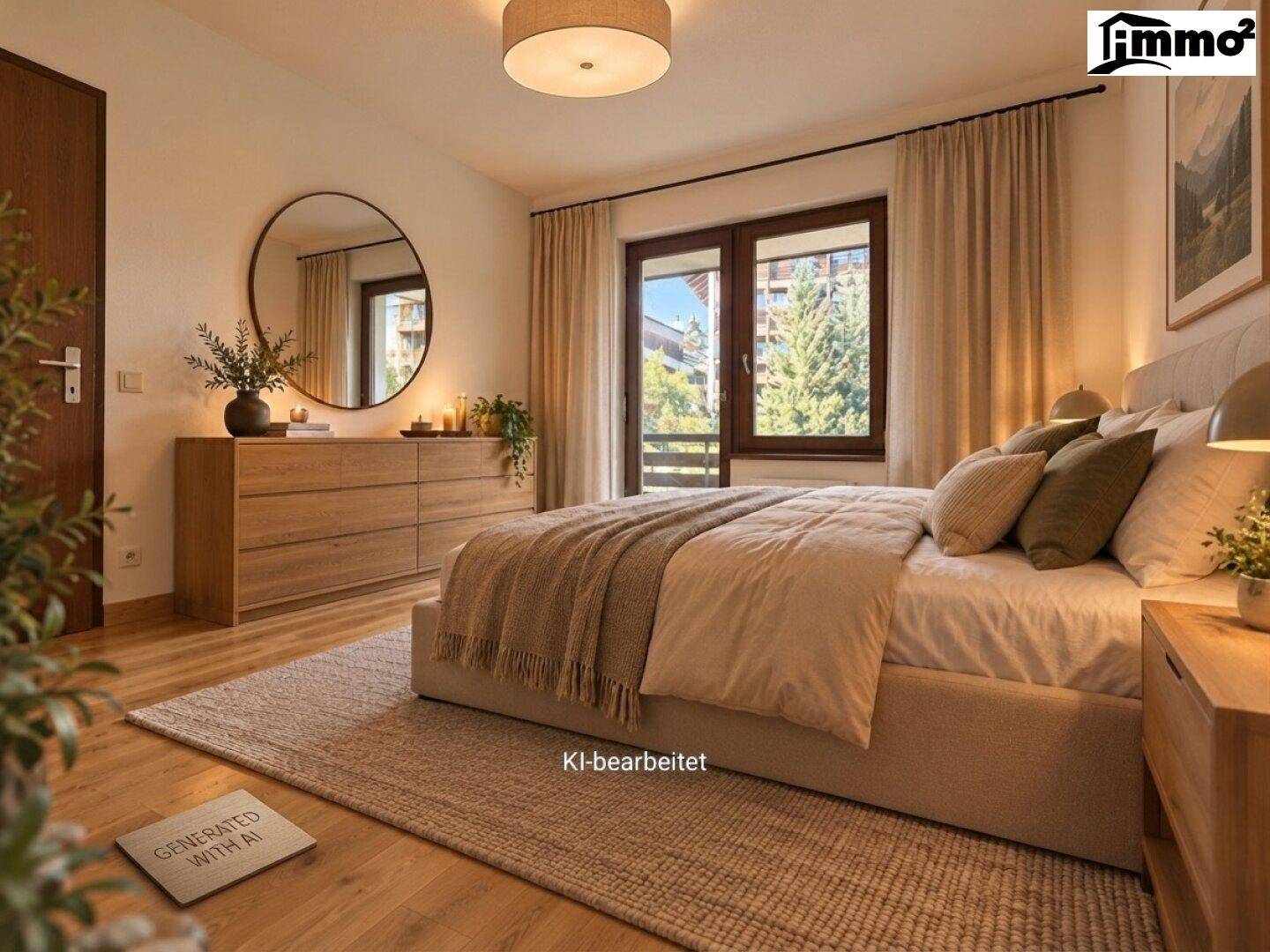 Modernisiertes Schlafzimmer mit großem Bett, Holzboden und einem runden Spiegel über der Kommode.