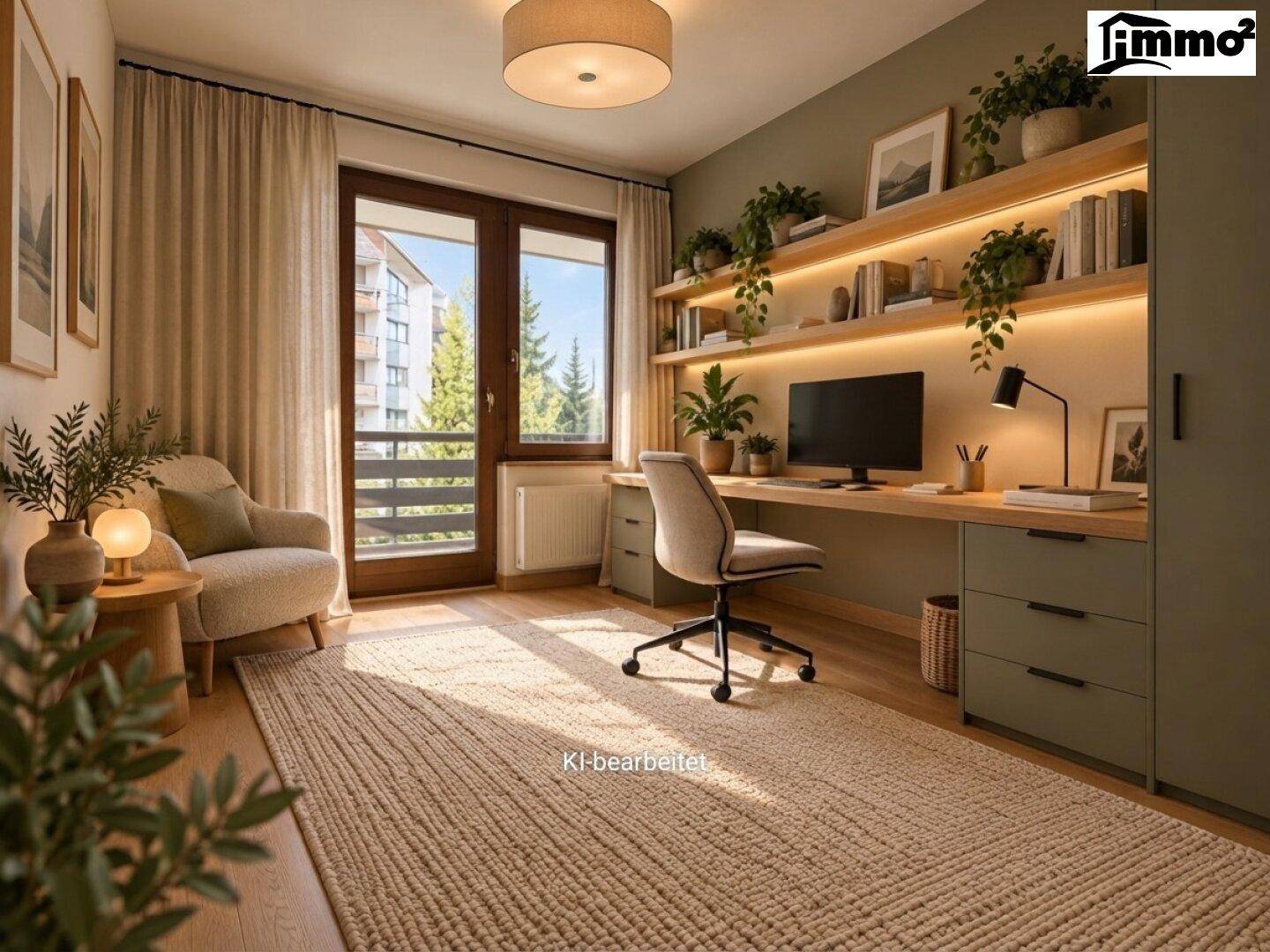 Modernes Arbeitszimmer mit Schreibtisch, Bücherregalen und Blick ins Grüne vom Balkon.