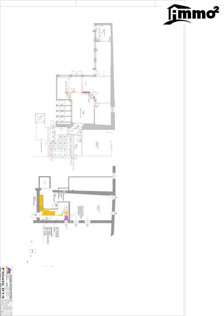 Detaillierter Grundrissplan mit zwei Ebenen, Treppenhaus und verschiedenen Räumen für eine Gewerbefläche.