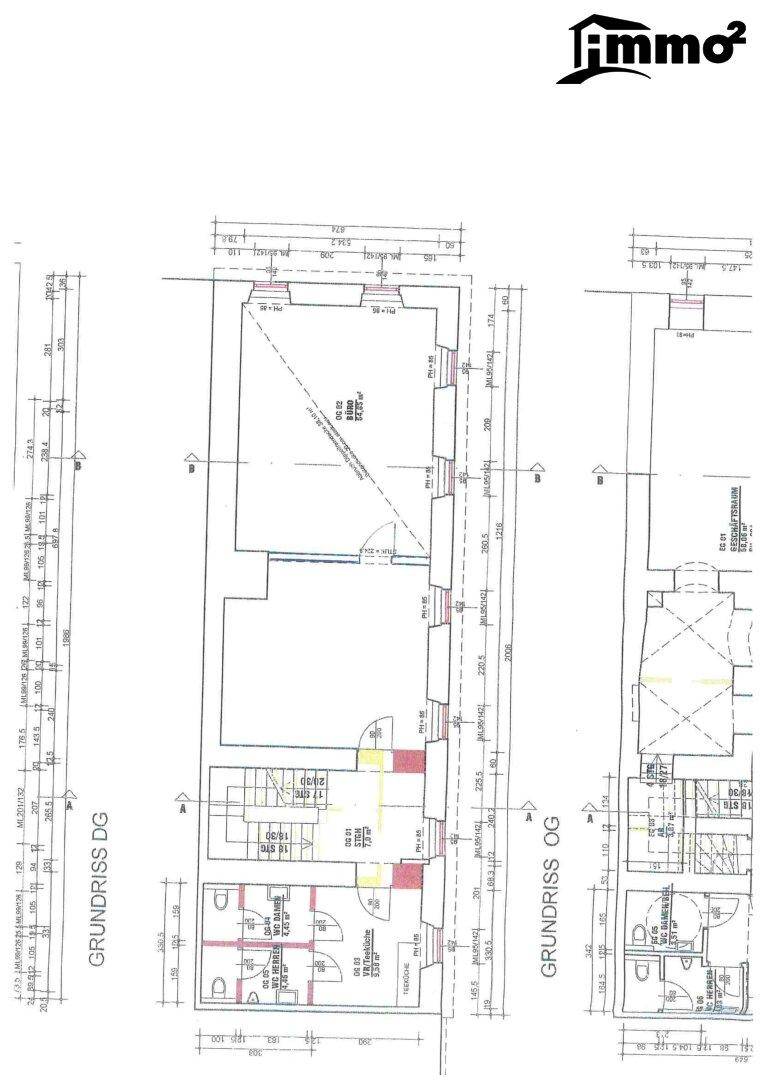Detaillierter Grundriss mit Raumaufteilung für Dachgeschoss und Obergeschoss, inklusive Maßen.