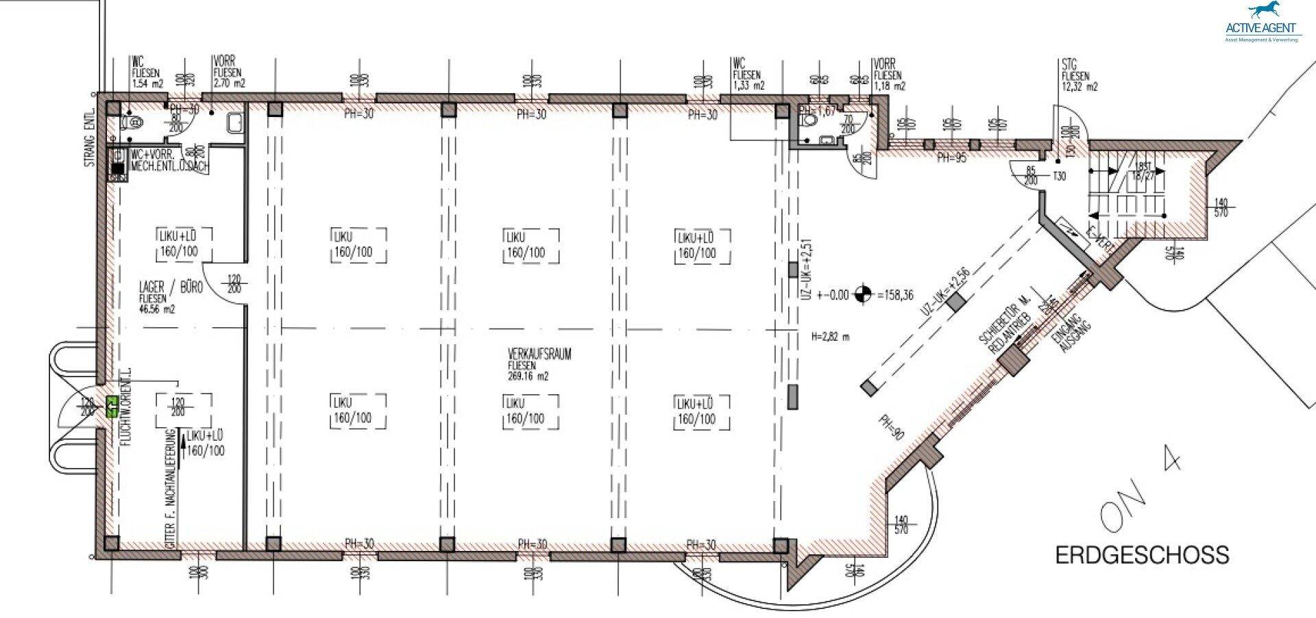 Grundriss des Erdgeschosses mit Verkaufsraum, Lager und Sanitäranlagen.