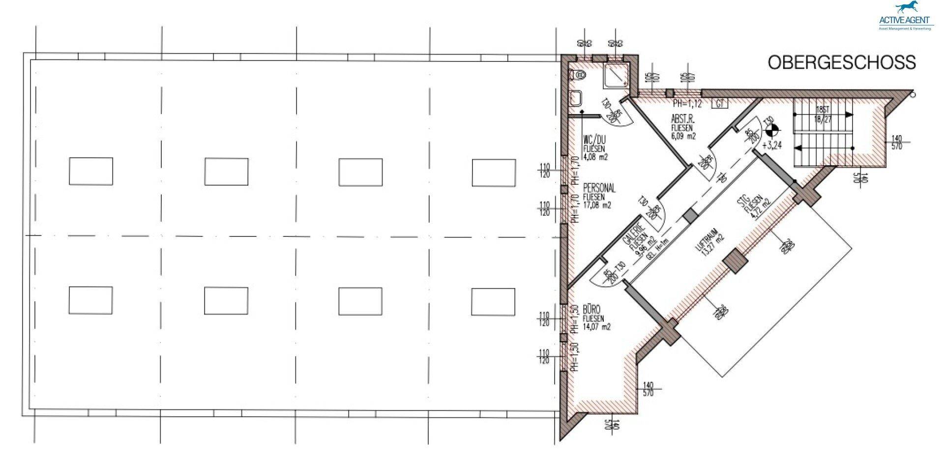 Grundriss des Obergeschosses mit Personalräumen und Treppenhaus.