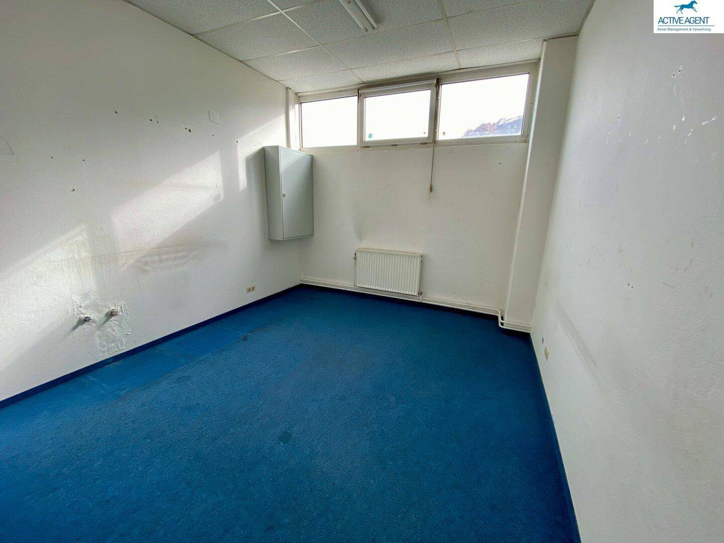Kleiner Büroraum mit blauem Teppichboden und Fenster, ideal für administrative Aufgaben.
