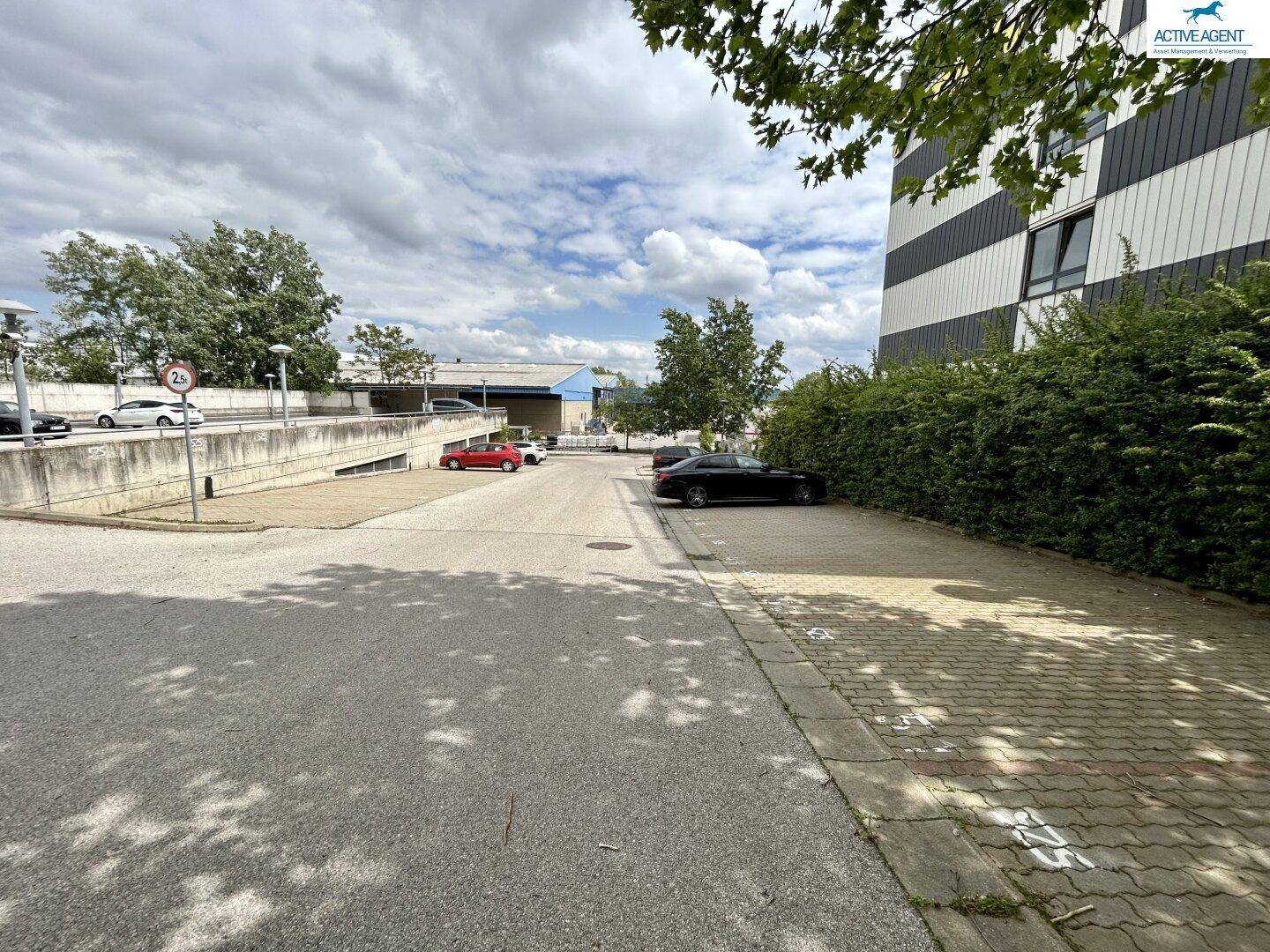 Außenparkplatz mit Zufahrt zu einer Tiefgarage, umgeben von Bäumen und Büschen unter bewölktem Himmel.