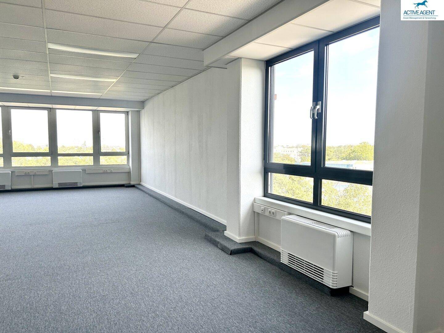 Helles Büro mit großen Fenstern, die einen Blick ins Grüne bieten, und grauem Teppichboden.
