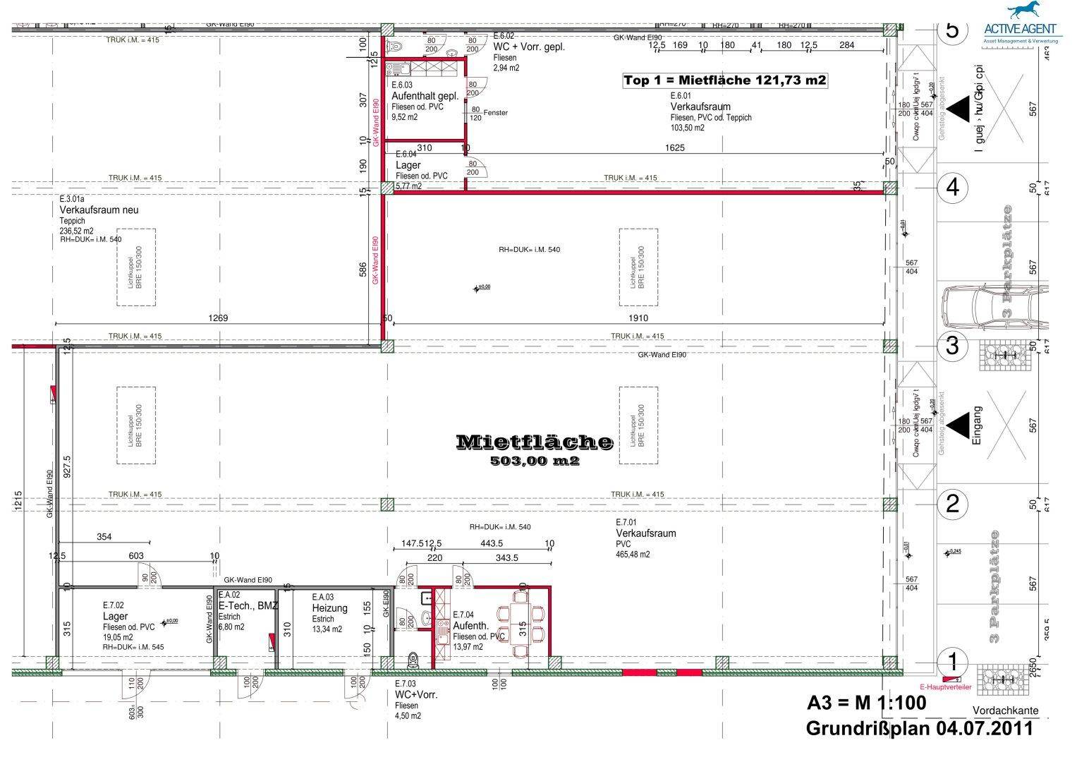 Detaillierter Grundriss einer Mietfläche von 503 m² mit Verkaufsräumen, Lager und Sanitärbereichen.
