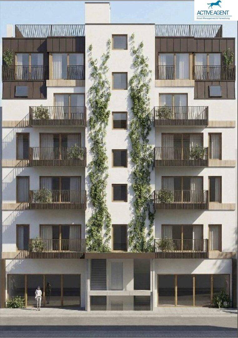 Moderne Wohnfassade mit vertikalen Grünpflanzen, Balkonen und großen Fensterfronten.