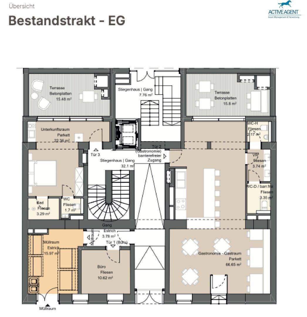 Grundriss des Erdgeschosses mit Gastronomiebereich, Büros, Wohnungen und Terrassen.