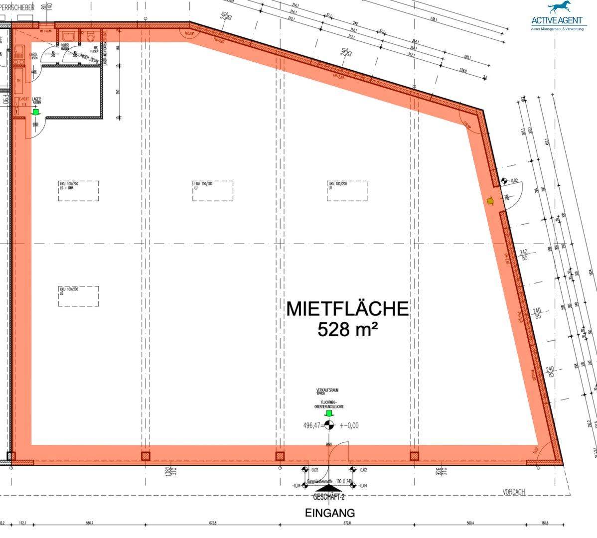 Detaillierter Grundriss einer Mietfläche von 528 m² mit Eingangsbereich und angrenzenden Räumen.