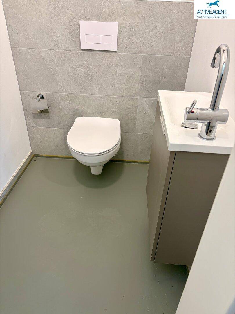 Modernes Gäste-WC mit wandhängender Toilette, kleinem Waschbecken und grauen Fliesen.
